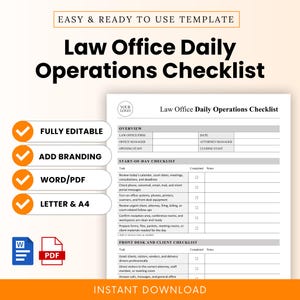 Op de afbeelding: Een afdrukbare checklist voor de dagelijkse werkzaamheden van een advocatenkantoor. Het document bevat secties voor overzicht, start-of-day checklist en taken van de receptie. Functies zijn volledig bewerkbaar, merk toevoegen, Word/PDF en A4-opties.