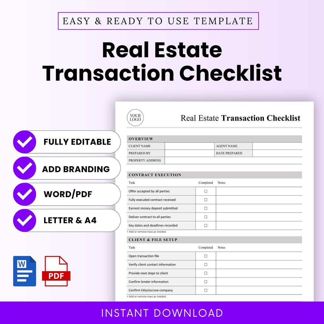 Real Estate Transaction Checklist Template – Word & PDF, A4 + US Letter ...