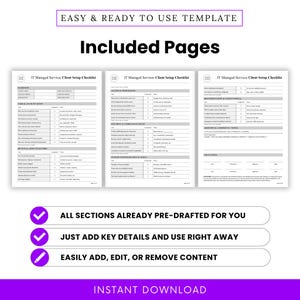 Visual display of all three checklist pages with badges showing features like pre-drafted sections, quick-fill usability, and editable format. Designed for IT consultants and support teams to streamline client setup.