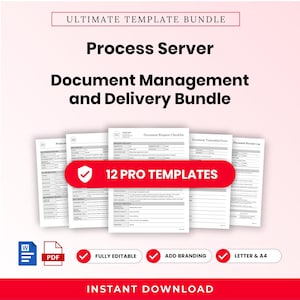 Op de afbeelding: Ultimate Template Bundle voor procesverbaal documentbeheer en bezorging. Bevat 12 professionele sjablonen, volledig bewerkbaar, met branding-opties, beschikbaar in letter- en A4-formaat. Inclusief Word- en PDF-pictogrammen en tekst voor directe download.
