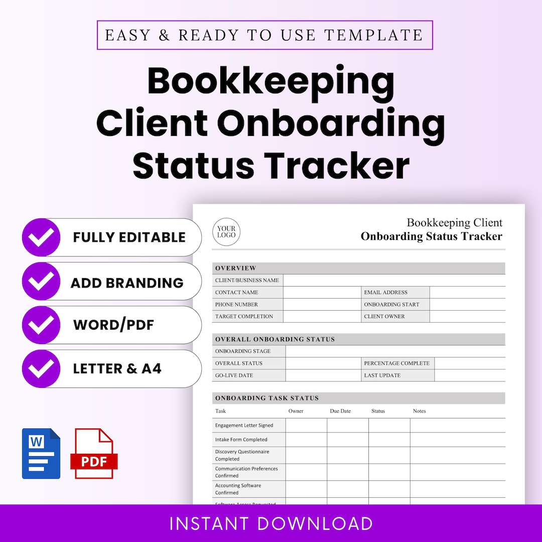 Bookkeeping Client Onboarding Status Tracker Template – Word & PDF, A4 ...