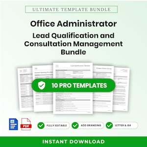 Può includere: Un pacchetto di modelli per amministratore d'ufficio, gestione della qualificazione dei lead e consulenze, con 10 modelli professionali. Include una checklist di qualificazione e un registro di follow-up in formato Word e PDF, A4 e Letter.