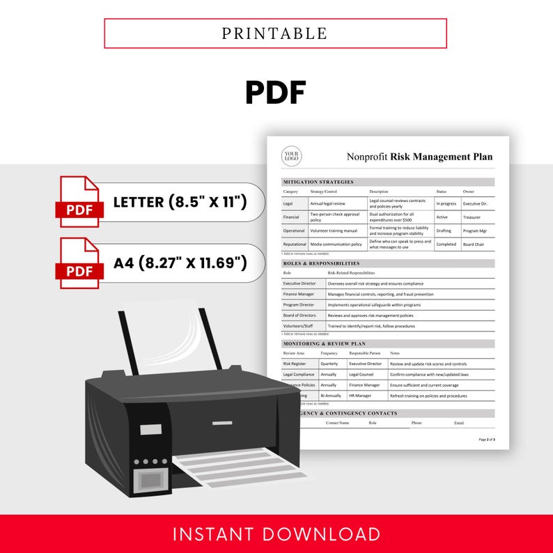 Printable PDF version of the Nonprofit Risk Management Plan Template. Designed for easy printing, nonprofit board meetings, grant applications, and compliance documentation. Includes both A4 and US Letter sizes for global use.