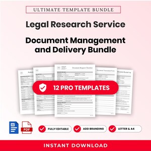 Pode incluir: Um pacote de modelos digitais com o texto Ultimate Template Bundle, Legal Research Service, Document Management and Delivery Bundle e 12 Pro Templates. Inclui ícones Word e PDF, além de etiquetas para editável, branding, letter e A4.