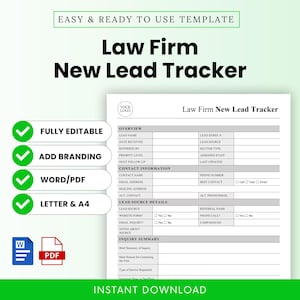 May include: A digital template for a Law Firm New Lead Tracker document. The form includes sections for overview, contact information, lead source details, and inquiry summary. It features checkboxes for contact preferences and source tracking.