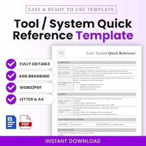 May include: A digital template titled "Tool / System Quick Reference Template" with a purple and white design. The template includes sections for overview, access, and helpful links. It is fully editable, allows for branding, and is available in Word/PDF formats, and Letter & A4 sizes. Instant download.