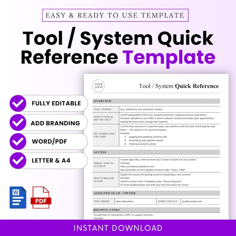 Editable tool/system quick reference template for Word and PDF; features overview, workflows, and access instructions. Ideal for business operations, onboarding, and internal documentation.