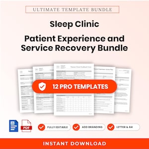 May include: A digital template bundle for a sleep clinic, featuring a patient experience and service recovery set. The document includes 12 pro templates, fully editable in Word and PDF formats, available in letter and A4 sizes for instant download.