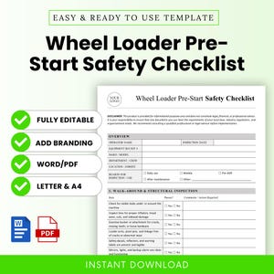 Puede incluir: Una plantilla imprimible de la lista de verificación de seguridad previa al arranque de la cargadora de ruedas. El documento es blanco con texto negro y marcas de verificación verdes. Incluye información del operador y detalles de inspección.