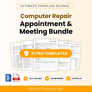 May include: A digital template bundle for computer repair appointments and meetings, featuring 21 pro templates in Word and PDF formats. The documents include standard operating procedures, meeting agendas, minutes, and contact forms in A4 size.