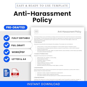 Anti-Harassment Policy Template (Word, PDF) | Simple Human Resources HR Template, Small Business Policy Document, Employee Policy, Printable
