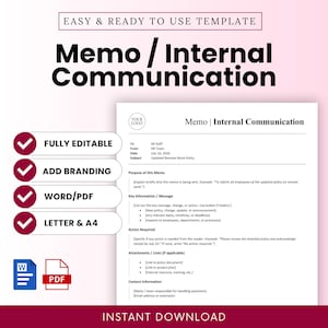 May include: A template for a memo or internal communication document. The design includes the title "Memo / Internal Communication" and options for editing, branding, and file formats. The document includes sections for the memo's purpose, key information, and required actions.