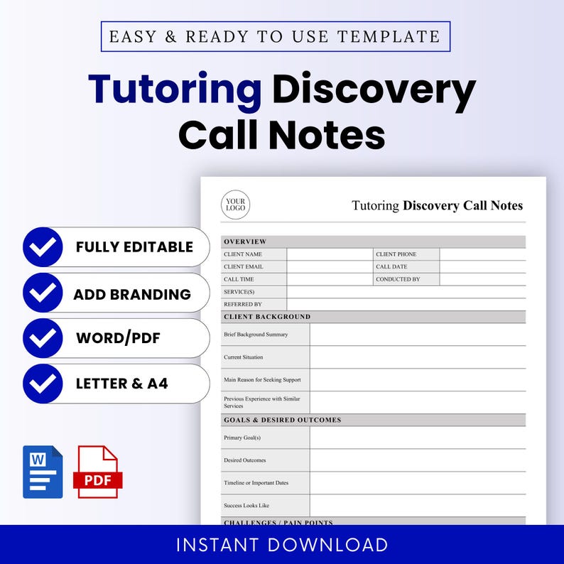 Tutoring Discovery Call Notes Template – Word & PDF, A4 + US Letter - Etsy