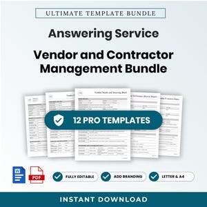 Op de afbeelding: Een digitaal documentenpakket getiteld Ultimate Template Bundle, Answering Service, Vendor and Contractor Management Bundle, met 12 pro-sjablonen. Inclusief Word- en PDF-pictogrammen, met labels voor volledig bewerkbaar, branding toevoegen en A4-formaten.