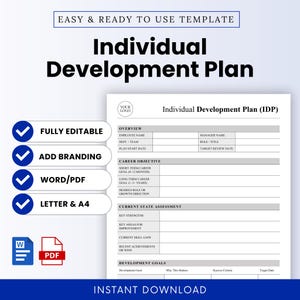 Puede incluir: Plantilla de Plan de Desarrollo Individual blanco con borde azul. El documento incluye secciones para información del empleado, objetivos profesionales y objetivos de desarrollo. Totalmente editable, agregar marca, Word/PDF y formato A4.