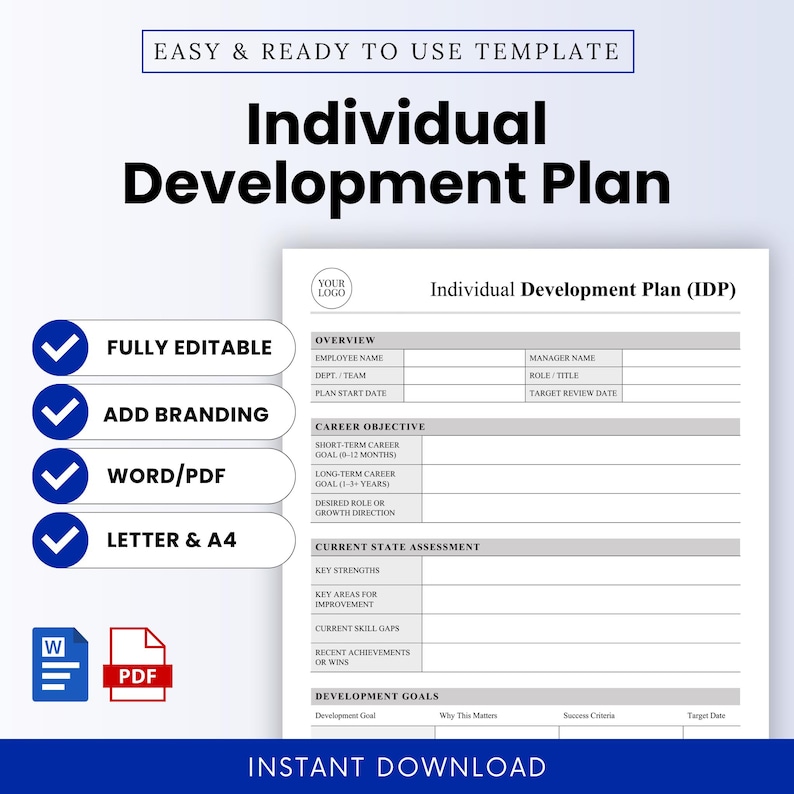 Individual development plan template Word preview with clean layout, employee growth planner document, editable HR form, career development worksheet, professional IDP template for performance tracking