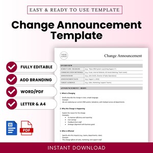 Peut inclure: Un modèle de communiqué de changement avec le texte "Change Announcement Template" en noir. Le modèle comprend des sections pour l'aperçu et le corps de l'annonce, et est entièrement modifiable, avec des options de marque, des formats Word/PDF et des tailles Lettre et A4.