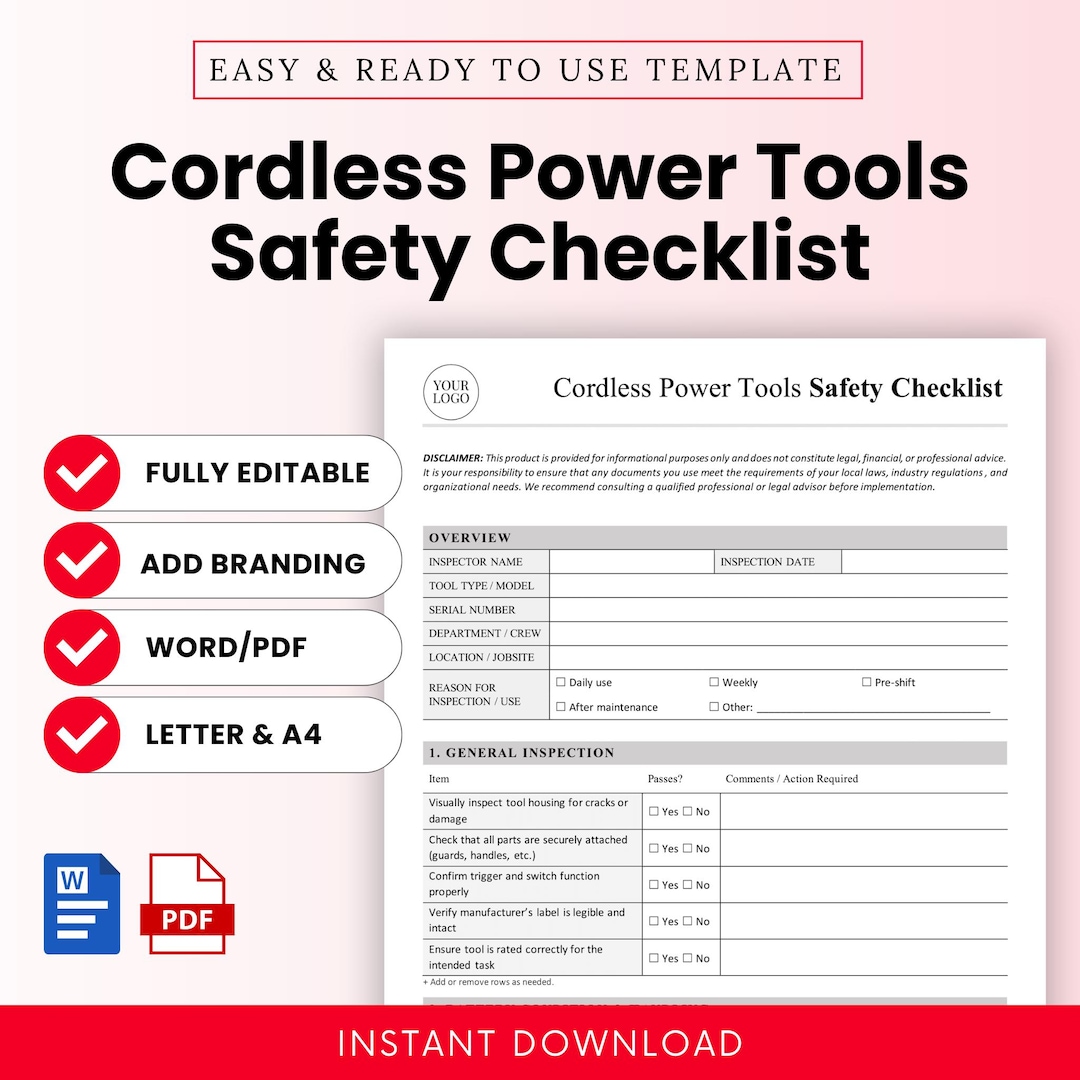 Cordless Power Tools Safety Checklist Template – Word & PDF, A4 + US ...