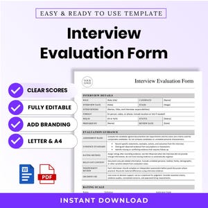 Puede incluir: Una plantilla de formulario de evaluación de entrevistas con secciones para detalles de la entrevista, guía de evaluación y escala de calificación. El documento incluye marcadores de posición para el rol, candidato e información del entrevistador.