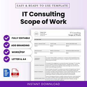 May include: An IT Consulting Scope of Work document template featuring sections for project details, client information, and service summaries. The layout includes fields for dates, agreement references, and business objectives, with icons for Word and PDF.