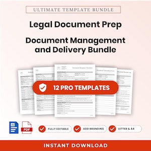 May include: A digital template bundle featuring the text Ultimate Template Bundle, Legal Document Prep, Document Management and Delivery Bundle, and 12 Pro Templates. Includes document forms, Word and PDF icons, and editable layout options.
