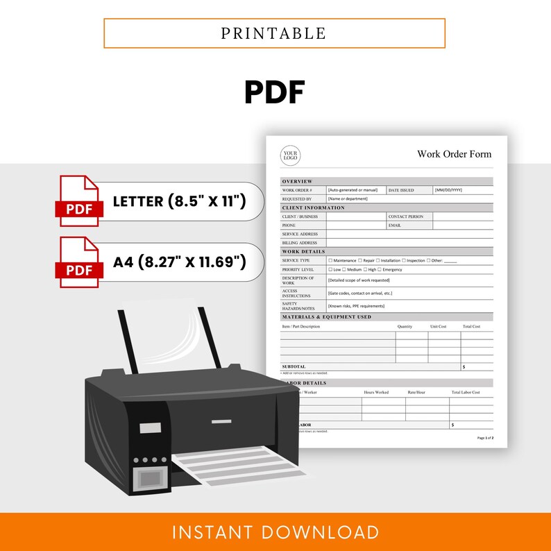 Simple Work Order Form Template - Word & PDF, A4 + US Letter - Etsy