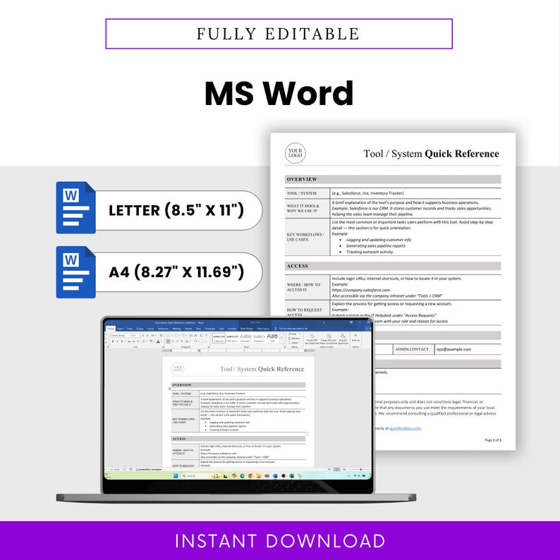 Mockup showing editable tool/system quick reference template open in Microsoft Word, in both US Letter and A4 sizes. Perfect for tech teams, HR, and IT documentation.