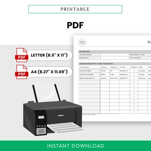 Etsy product photo highlighting the printable version of the Admin Task Tracker template. Shows a printer with the form being printed and features PDF format icons for both A4 and US Letter. Emphasizes ease of printing and usability.