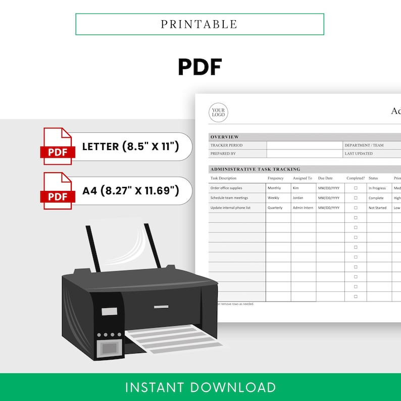 Etsy product photo highlighting the printable version of the Admin Task Tracker template. Shows a printer with the form being printed and features PDF format icons for both A4 and US Letter. Emphasizes ease of printing and usability.