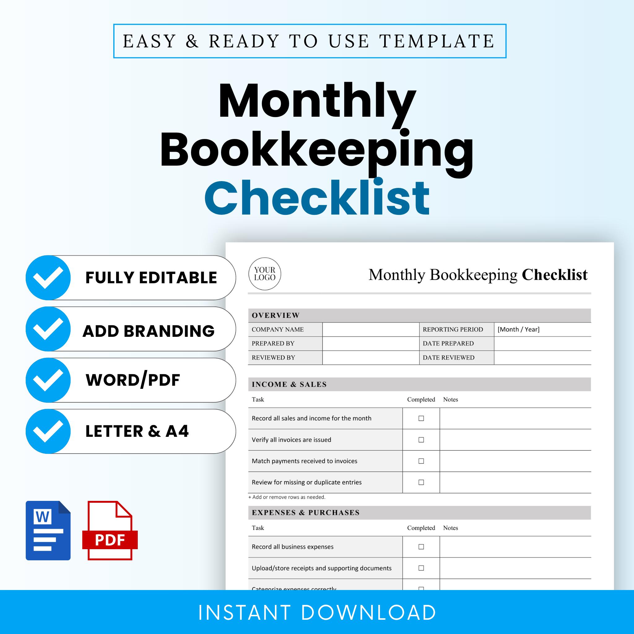 Monthly Bookkeeping Checklist Template – Word & PDF, A4 + US Letter - Etsy