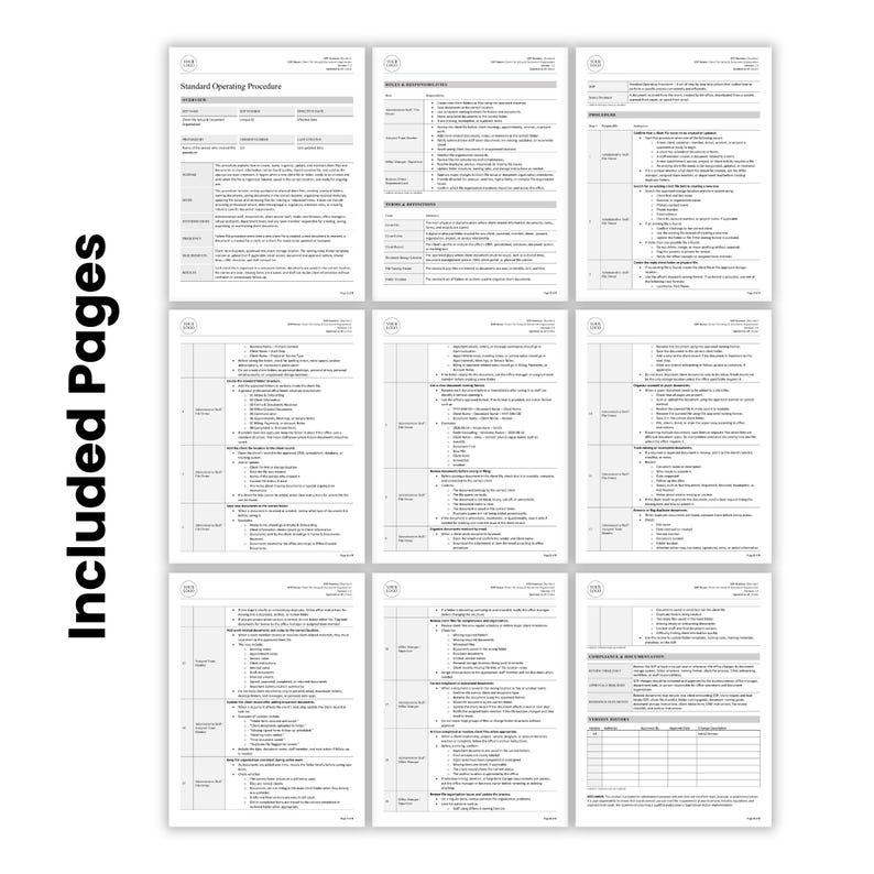 Virtual Assistant Client File Setup & Document Organization SOP Template preview showing included pages for file setup, staff responsibilities, document naming rules, procedure steps, compliance documentation, and version history. This VA document organization template supports client records, service agreements, onboarding files, admin documents, task notes, scanned paperwork, uploaded files, and assistant-created materials.