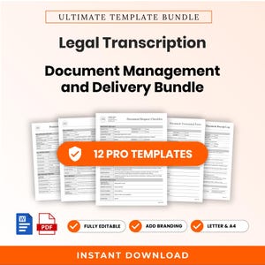 Könnte beinhalten: Ein digitales Dokumentenpaket mit dem Titel Ultimate Template Bundle für juristische Transkription, Dokumentenmanagement und Zustellung. Es enthält 12 professionelle Vorlagen mit Formularen für Anfragedetails, Übermittlung und Empfangsprotokolle.