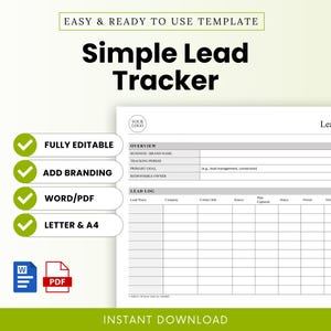 May include: A white lead tracker template with the text "Simple Lead Tracker" in bold black font. The template includes sections for overview and lead log, with checkmarks indicating features like "Fully Editable" and "Add Branding."