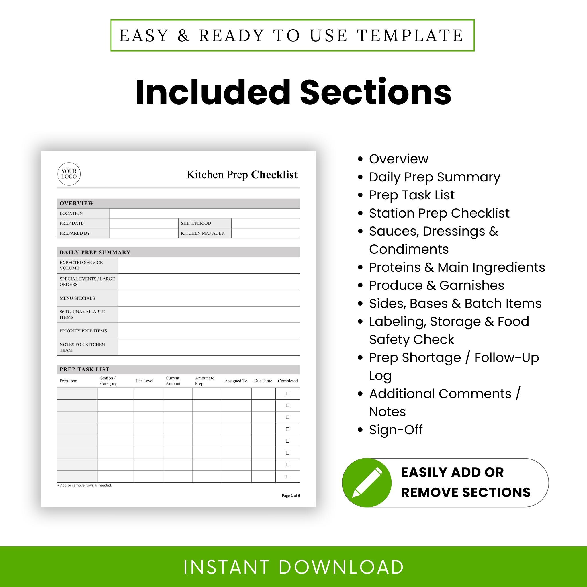 Restaurant Kitchen Prep Checklist Template – Word & PDF, A4 + US Letter ...