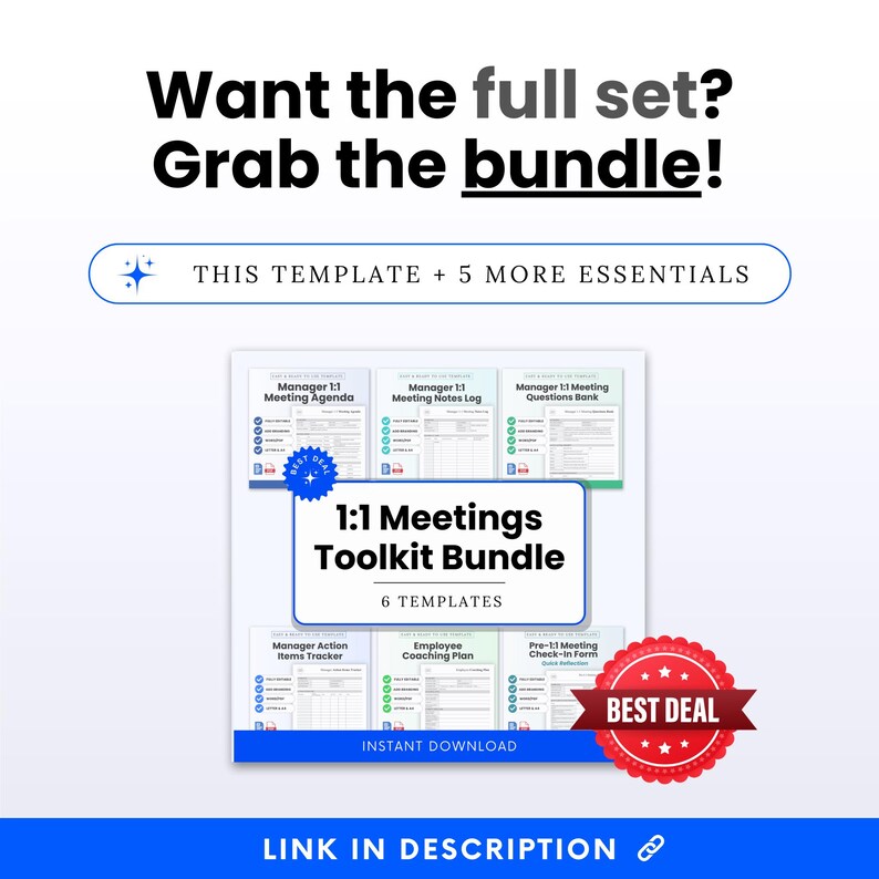 Bundle offer graphic encouraging shoppers to grab the full set—1:1 Meetings Toolkit Bundle with 6 templates—highlighting best deal, instant download, and link in description for manager 1:1 meeting tools and employee coaching templates (Word and PDF, Letter & A4).