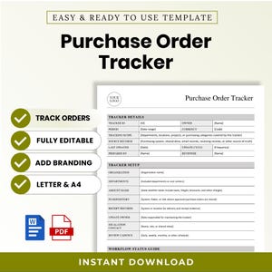 May include: A digital Purchase Order Tracker template featuring sections for tracker details, setup, and workflow status. The document includes fields for ID, owner, period, currency, and departments. It is compatible with Word and PDF formats.