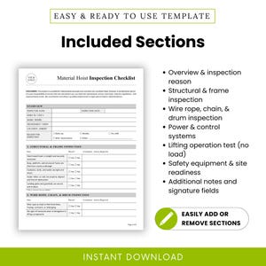 Visual breakdown of all the form sections: overview, structural inspection, wire rope and drum, power controls, lifting test, safety readiness, and signature areas. Emphasizes flexibility to add or remove sections. Form preview shown prominently.