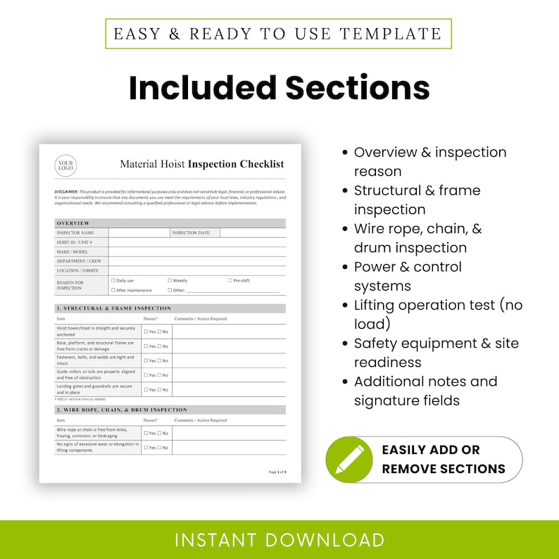 Visual breakdown of all the form sections: overview, structural inspection, wire rope and drum, power controls, lifting test, safety readiness, and signature areas. Emphasizes flexibility to add or remove sections. Form preview shown prominently.