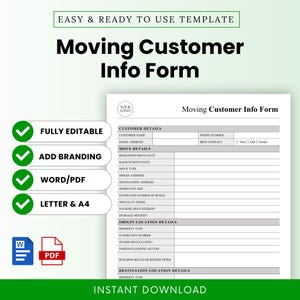 Puede incluir: Una plantilla imprimible de formulario de información del cliente de mudanza con fondo blanco. El formulario incluye secciones para los datos del cliente, los detalles de la mudanza, los detalles de la ubicación de origen y destino. Editable, Word/PDF.