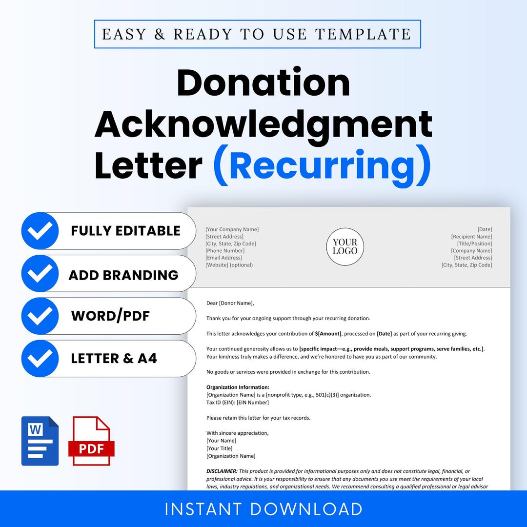 Recurring Donation Acknowledgment Letter Template – Word & PDF, A4 + US ...