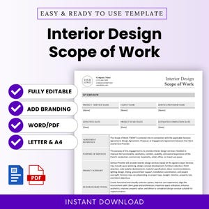 Pode incluir: Um modelo de documento para o escopo de trabalho de design de interiores com seções para visão geral do projeto, detalhes do cliente e descrições de serviços. Compatível com formatos Word e PDF em tamanho A4.