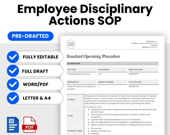 Employee Disciplinary Actions SOP Template (Word, PDF) | Simple Standard Operating Procedure Template | Human Resources Business Document