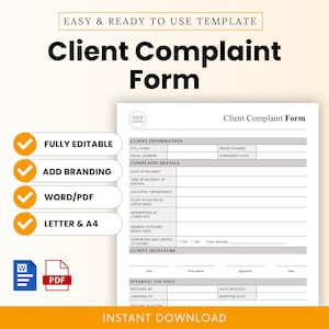 Op de afbeelding: Een witte sjabloon voor een klantklachtenformulier met zwarte tekst. Het formulier bevat secties voor klantinformatie, klachtdetails en handtekening. Kenmerken zijn volledig bewerkbaar, merk toevoegen, Word/PDF en A4-opties. De woorden "Client Complaint Form" staan prominent weergegeven.