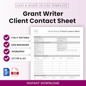 Può includere: Un modello di foglio di contatto cliente Grant Writer bianco con un banner viola e segni di spunta. Il modello include sezioni per le informazioni sul cliente, i dettagli di contatto e i responsabili delle decisioni. Il testo include "Completamente modificabile", "Aggiungi branding", "Word/PDF" e "Lettera e A4".