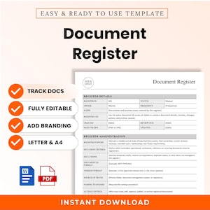May include: A digital document register template featuring sections for register details and administration. The layout includes fields for ID, status, owner, and frequency. Text includes "EASY & READY TO USE TEMPLATE", "Document Register", "TRACK DOCS", "FULLY EDITABLE", "ADD BRANDING", "LETTER & A4", and "INSTANT DOWNLOAD".