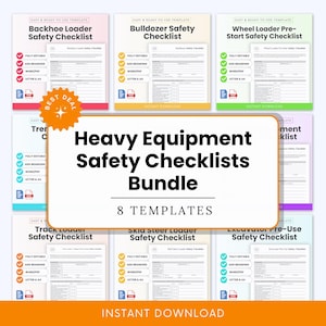 May include: A bundle of eight heavy equipment safety checklists. Each checklist template is color-coded and includes the text "Fully Editable," "Add Branding," and "Word/PDF." The bundle is labeled "Heavy Equipment Safety Checklists Bundle" with the text "8 Templates."