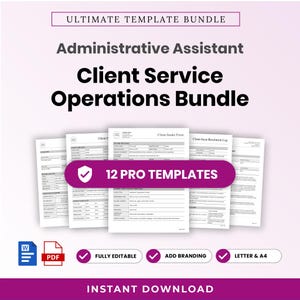Puede incluir: Un paquete de plantillas para asistente administrativo y servicio al cliente que incluye 12 documentos profesionales. El conjunto contiene un formulario de admisión de clientes y un registro de resolución de problemas. Es totalmente editable, personalizable y está disponible en tamaños carta y A4 como descarga instantánea en Word y PDF.