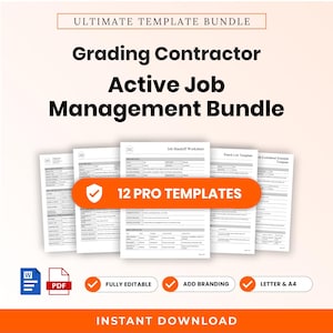 Könnte beinhalten: Ein digitales Vorlagenpaket für Erdbauunternehmer mit dem Text Ultimate Template Bundle, Grading Contractor Active Job Management Bundle und 12 Pro Templates. Enthält Word- und PDF-Symbole sowie Beschriftungen für vollständig bearbeitbar, Branding hinzufügen, Letter und A4 sowie Sofort-Download.