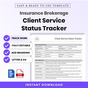 May include: An insurance brokerage client service status tracker template featuring a document with sections for tracker details and tracker use. The document includes fields for dates, owners, scope, and status. Icons for Word and PDF files are included.