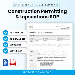Pode incluir: Um documento intitulado "Construction Permitting & Inpsections SOP" com o texto "Easy & Ready to Use Template" no topo. Inclui "Totalmente editável", "Adicionar marca", "Word/PDF" e "Carta & A4". O documento é um procedimento operacional padrão.